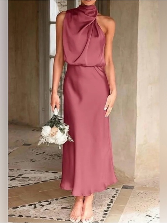 PrettyGarden Dresses & Skirts - Pretty Garden High-Neck Sleeveless Satin Midi Dress in Dusty Mauve Sz S